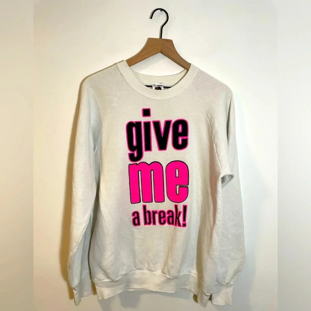 Vintage Fruit of the Loom Graphic Crew Neck Sweatshirt Large White PinkBlack USA
